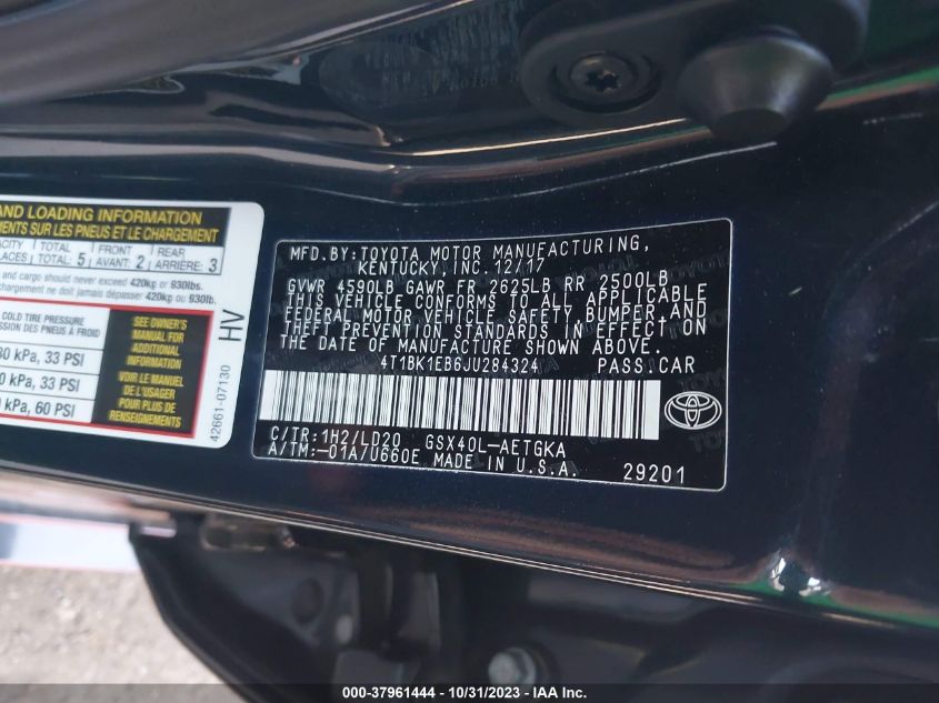 2018 Toyota Avalon Xle/Xle Plus VIN: 4T1BK1EB6JU284324 Lot: 37961444