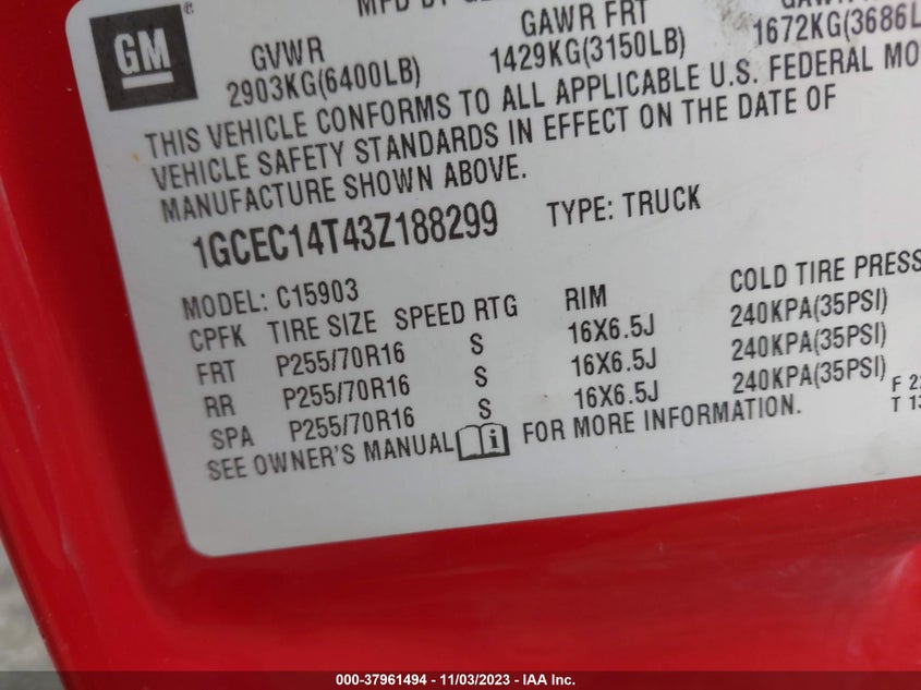 2003 Chevrolet Silverado 1500 Work Truck VIN: 1GCEC14T43Z188299 Lot: 37961494