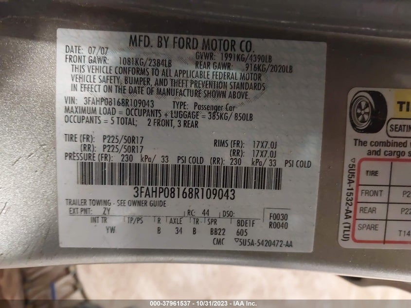 2008 Ford Fusion Sel VIN: 3FAHP08168R109043 Lot: 37961537