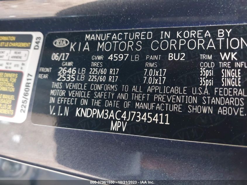 2018 Kia Sportage Lx VIN: KNDPM3AC4J7345411 Lot: 37961550