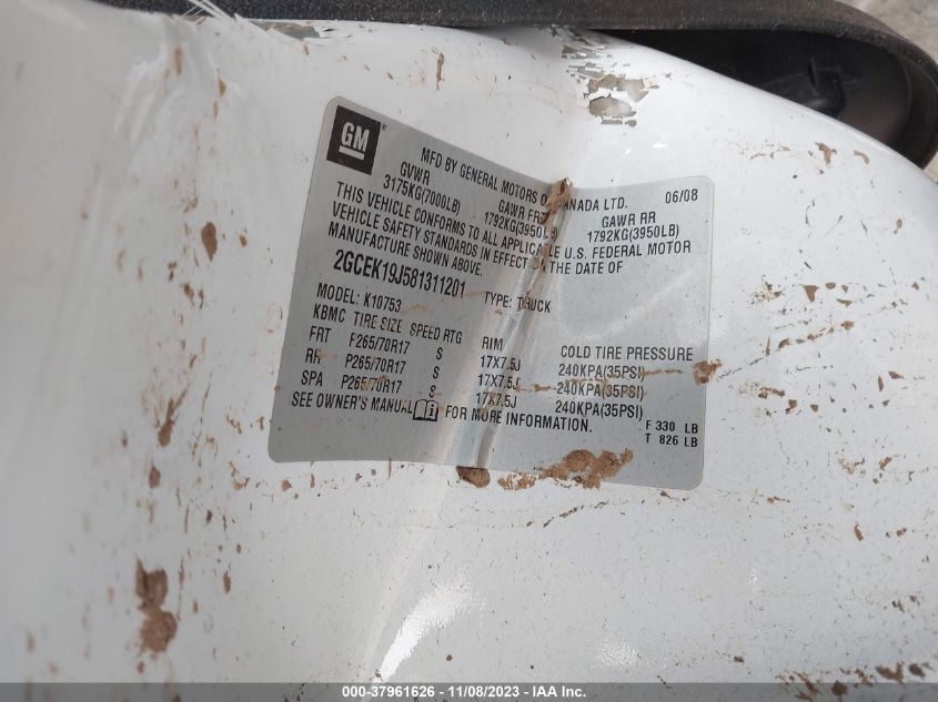 2008 Chevrolet Silverado 1500 Lt2 VIN: 2GCEK19J581311201 Lot: 37961626