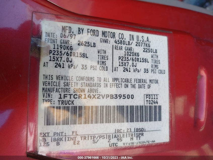 1997 Ford Ranger Xlt VIN: 1FTCR14X2VPB39500 Lot: 37961666