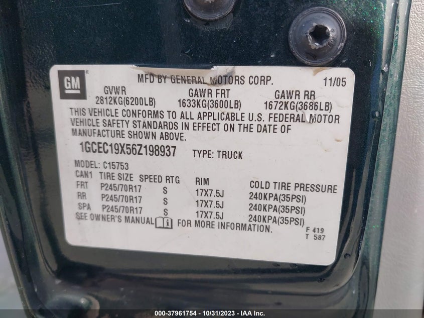 2006 Chevrolet Silverado 1500 Work Truck VIN: 1GCEC19X56Z198937 Lot: 37961754