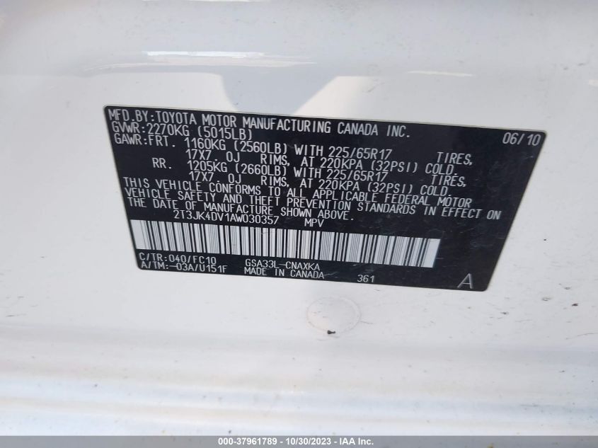 2010 Toyota Rav4 VIN: 2T3JK4DV1AW030357 Lot: 37961789