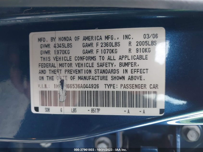 2006 Honda Accord 3.0 Ex VIN: 1HGCM66536A044926 Lot: 37961803