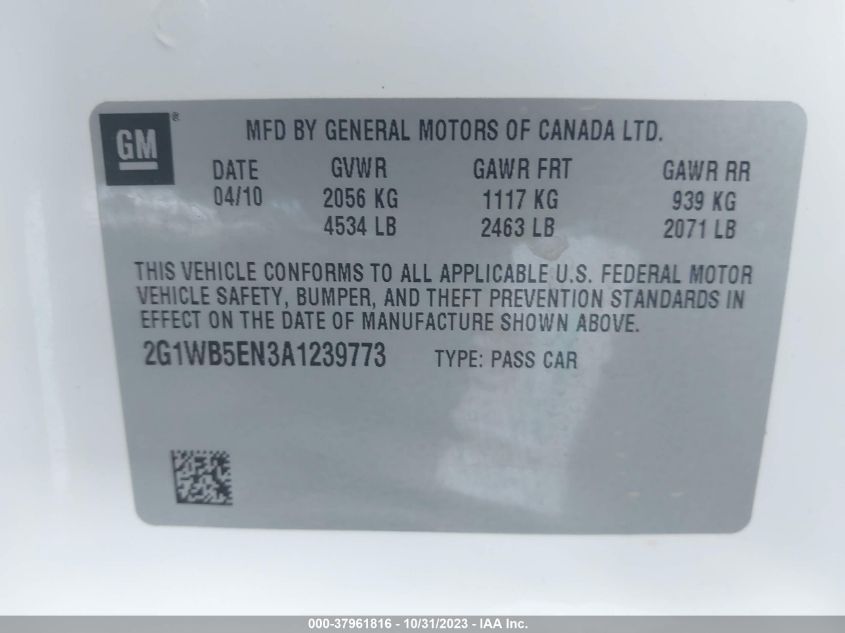 2010 Chevrolet Impala Lt VIN: 2G1WB5EN3A1239773 Lot: 37961816