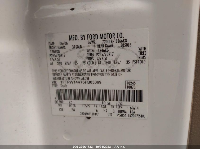 2006 Ford F-150 Fx4/Lariat/Xlt VIN: 1FTPW14V76FB63369 Lot: 37961823