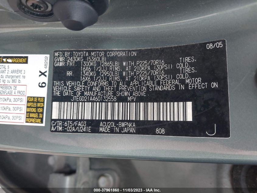 2006 Toyota Highlander VIN: JTEGD21A460132558 Lot: 37961860