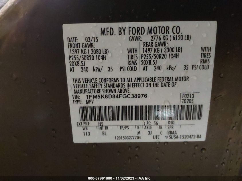 2015 Ford Explorer Xlt VIN: 1FM5K8D84FGC38976 Lot: 37961880