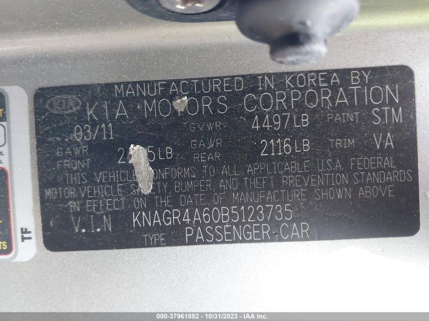 2011 Kia Optima Sx VIN: KNAGR4A60B5123735 Lot: 37961882