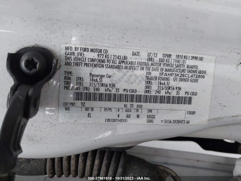 2012 Ford Focus Se VIN: 1FAHP3K28CL472809 Lot: 37961918