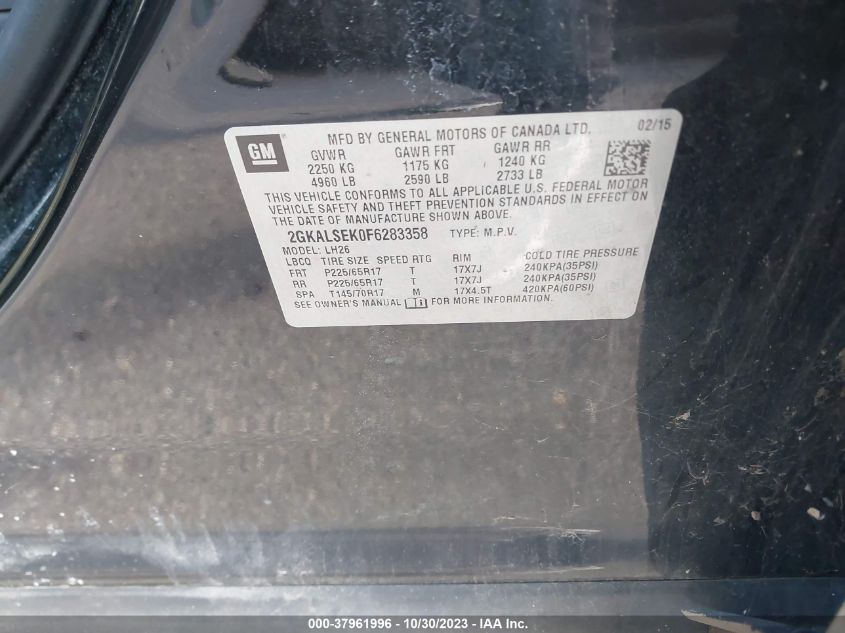 2015 GMC Terrain Slt VIN: 2GKALSEK0F6283358 Lot: 37961996