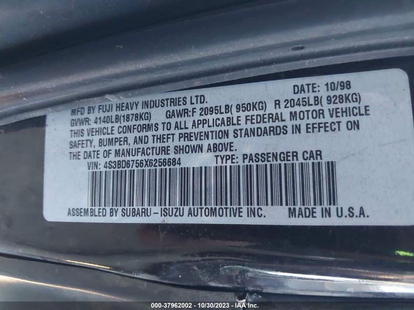 1999 Subaru Legacy 2.5Gt VIN: 4S3BD6756X6256684 Lot: 37962002