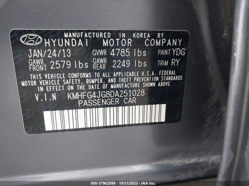 2013 Hyundai Azera VIN: KMHFG4JG8DA251028 Lot: 37962099