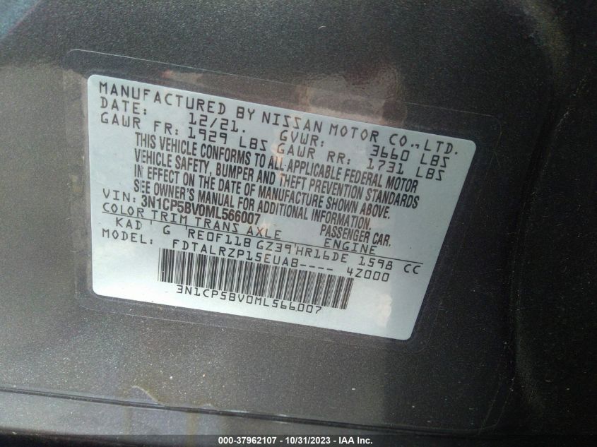 3N1CP5BV0ML566007 2021 Nissan Kicks S Xtronic Cvt