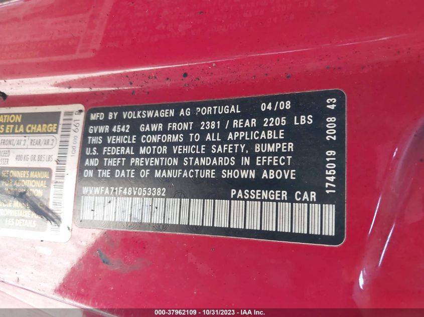 2008 Volkswagen Eos Lux VIN: WVWFA71F48V053382 Lot: 37962109