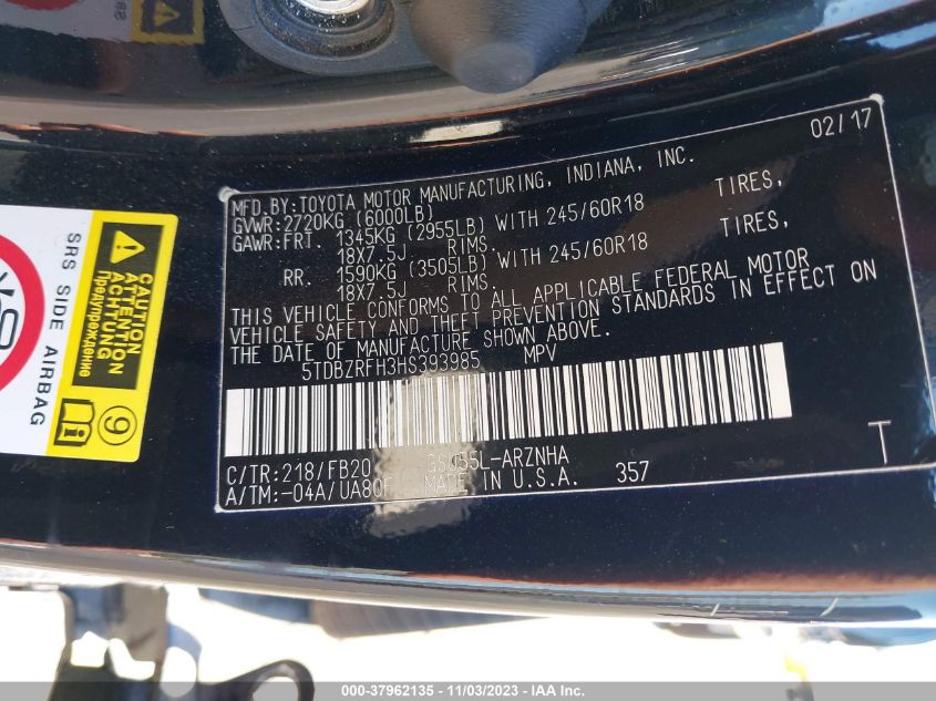 2017 Toyota Highlander Le VIN: 5TDBZRFH3HS393985 Lot: 37962135