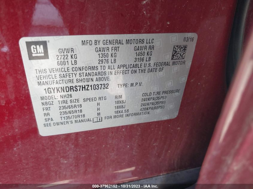 2017 Cadillac Xt5 Luxury Awd VIN: 1GYKNDRS7HZ103732 Lot: 37962152