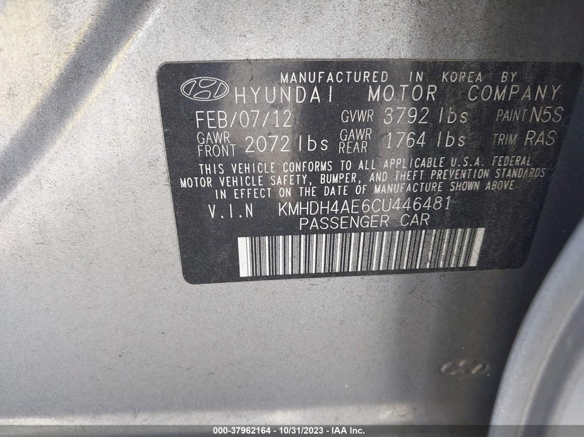 2012 Hyundai Elantra Gls (Ulsan Plant) VIN: KMHDH4AE6CU446481 Lot: 37962164