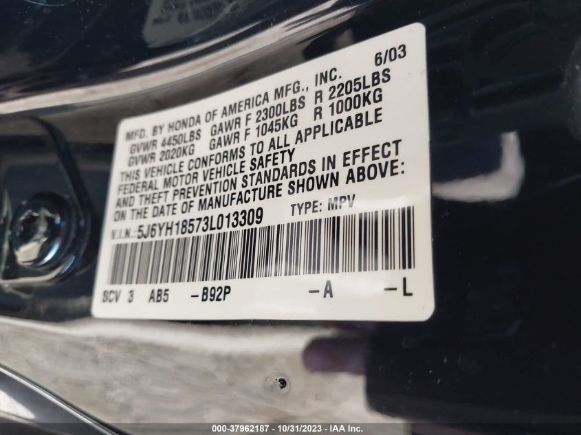 2003 Honda Element Ex VIN: 5J6YH18573L013309 Lot: 37962187