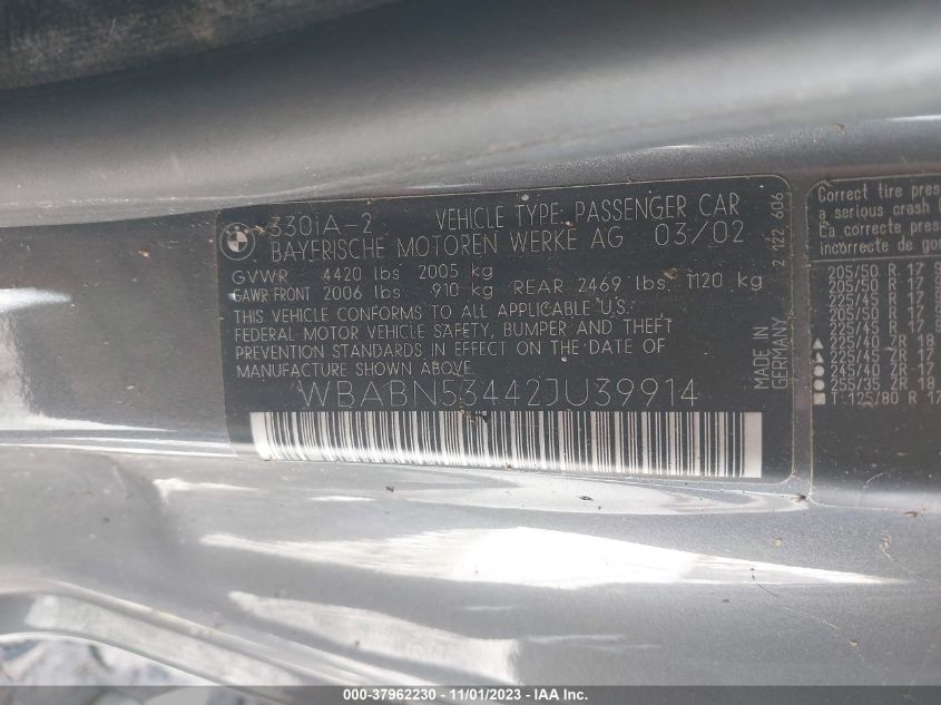 2002 BMW 3 Series 330Ci VIN: WBABN53442JU39914 Lot: 37962230