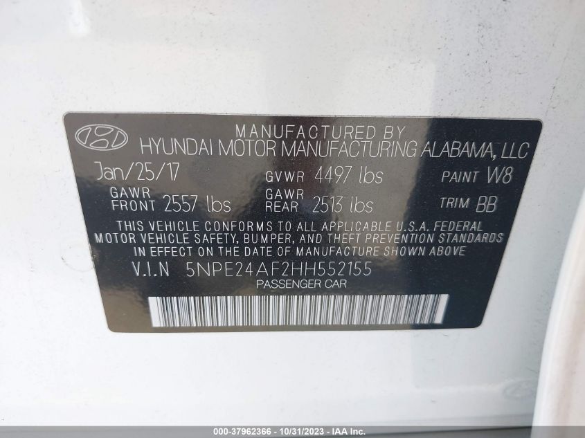 2017 Hyundai Sonata Se VIN: 5NPE24AF2HH552155 Lot: 37962366
