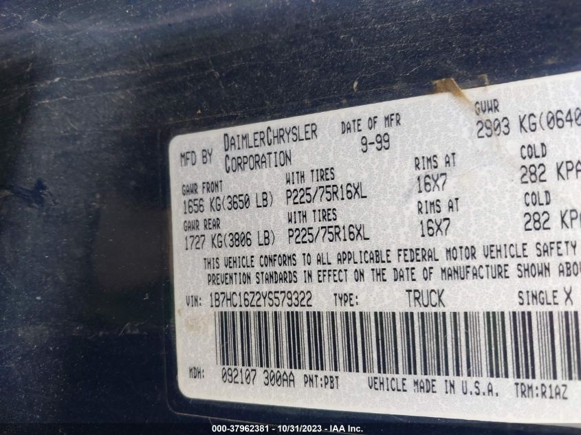 2000 Dodge Ram 1500 St VIN: 1B7HC16Z2YS579322 Lot: 37962381