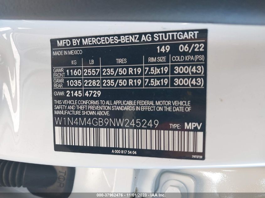 2022 Mercedes-Benz Glb 250 VIN: W1N4M4GB9NW245249 Lot: 37962476