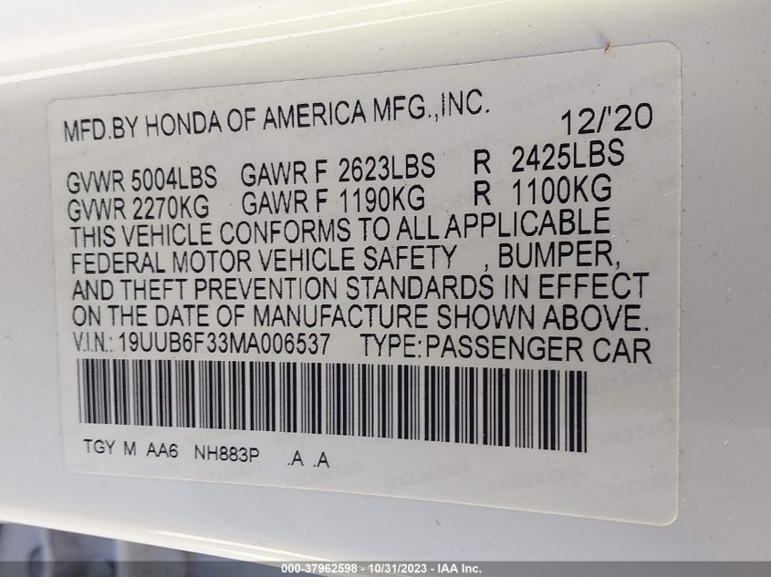 2021 Acura Tlx Standard VIN: 19UUB6F33MA006537 Lot: 37962598