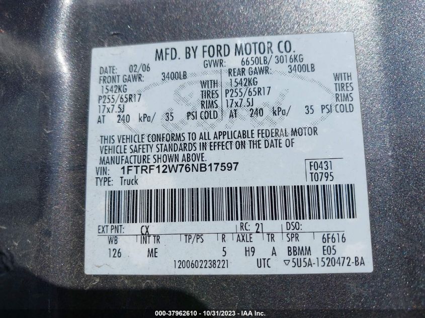 2006 Ford F-150 Xl/Stx/Xlt VIN: 1FTRF12W76NB17597 Lot: 37962610