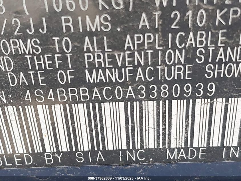 2010 Subaru Outback VIN: 4S4BRBAC0A3380939 Lot: 37962639