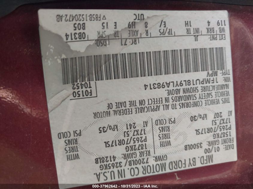 2000 Ford Expedition Eddie Bauer VIN: 1FMPU18L9YLA98314 Lot: 37962642