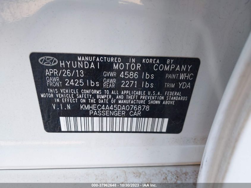 2013 Hyundai Sonata Hybrid Limited VIN: KMHEC4A45DA076878 Lot: 37962648