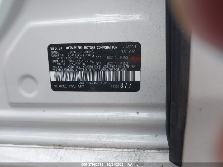 2022 Mitsubishi Outlander Phev Gt S-/Le S-/Sel S- VIN: JA4J2VA74NZ049013 Lot: 37962765