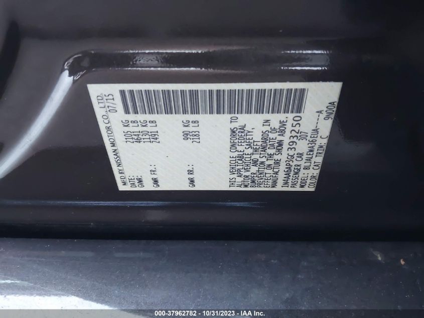 2016 Nissan Maxima 3.5 Sl VIN: 1N4AA6AP3GC393250 Lot: 37962782