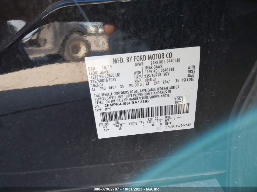 2020 Ford Edge Sel VIN: 2FMPK4J98LBA12392 Lot: 37962787