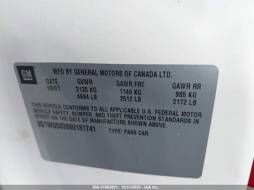 2008 Chevrolet Impala Ltz VIN: 2G1WU583689181741 Lot: 37962821