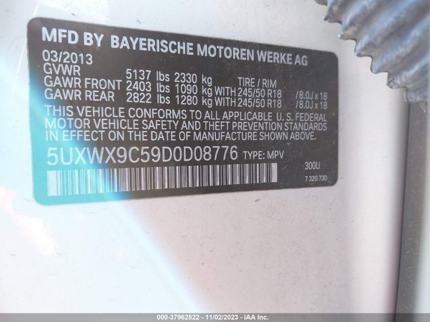 2013 BMW X3 xDrive28I VIN: 5UXWX9C59D0D08776 Lot: 37962822