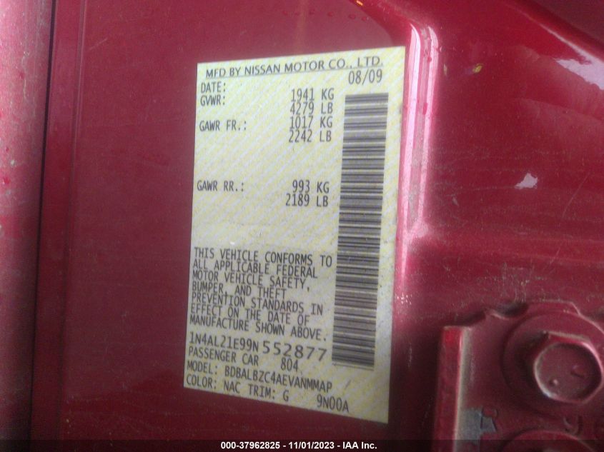 2009 Nissan Altima 2.5 S VIN: 1N4AL21E99N552877 Lot: 37962825