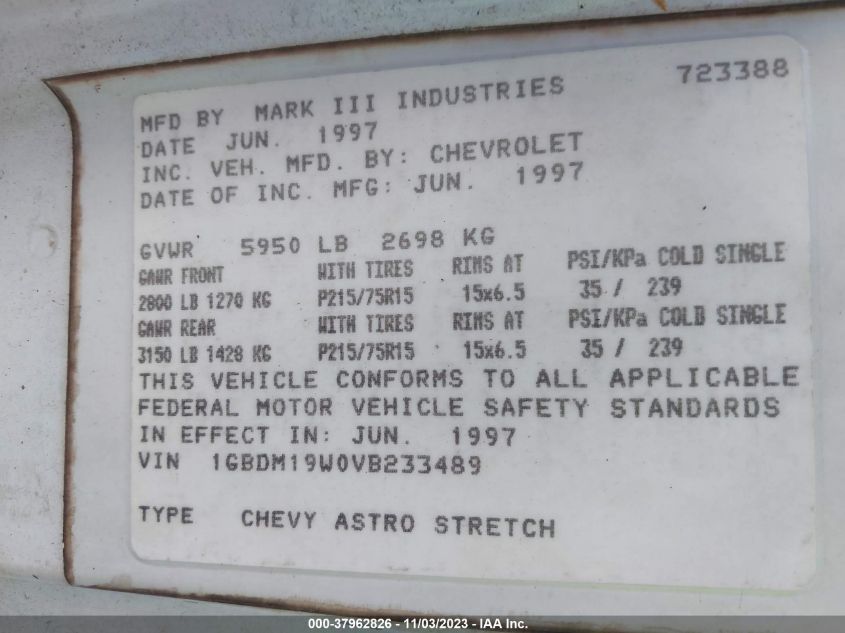 1997 Chevrolet Astro Yf7 VIN: 1GBDM19W0VB233489 Lot: 37962826