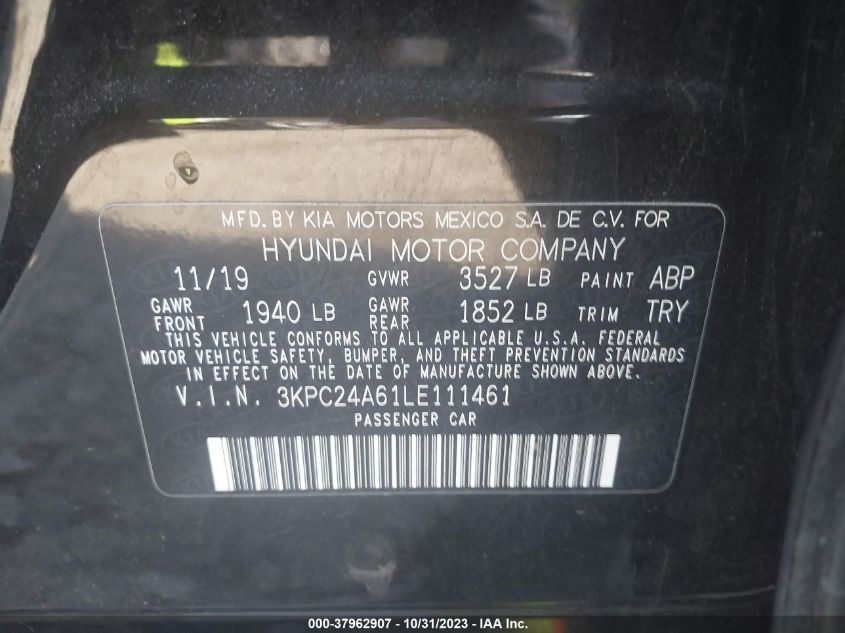 2020 Hyundai Accent Sel VIN: 3KPC24A61LE111461 Lot: 37962907