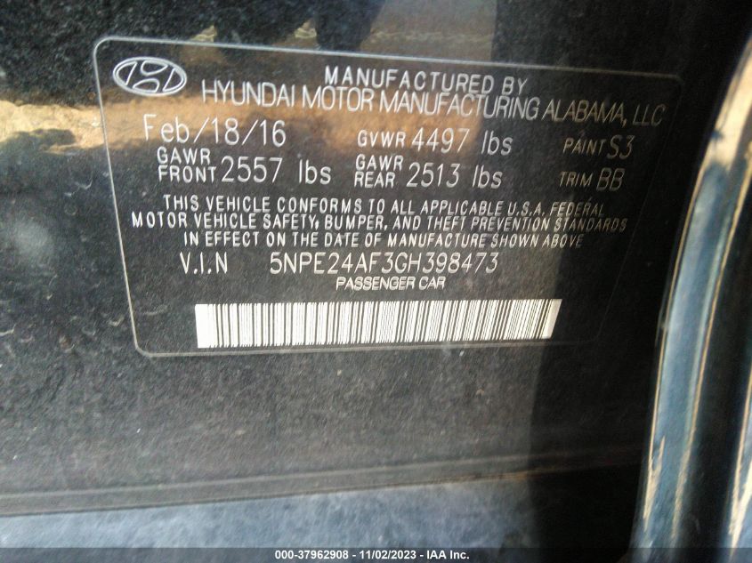 2016 Hyundai Sonata Se VIN: 5NPE24AF3GH398473 Lot: 37962908