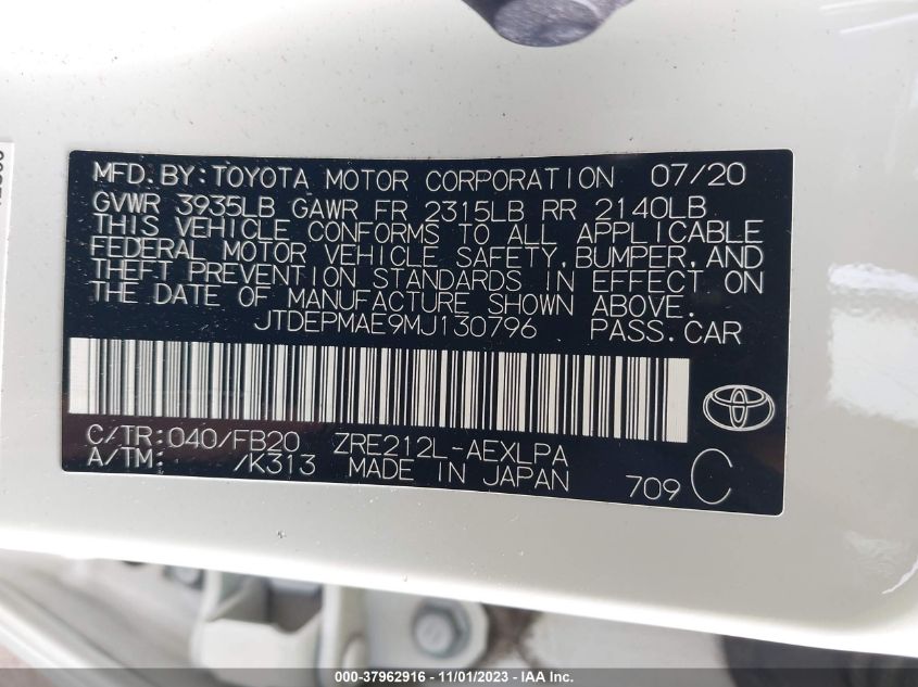 2021 Toyota Corolla Le VIN: JTDEPMAE9MJ130796 Lot: 37962916