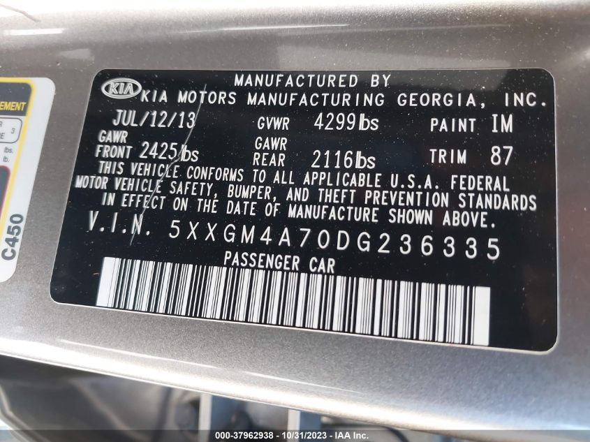 2013 Kia Optima Lx VIN: 5XXGM4A70DG236335 Lot: 37962938