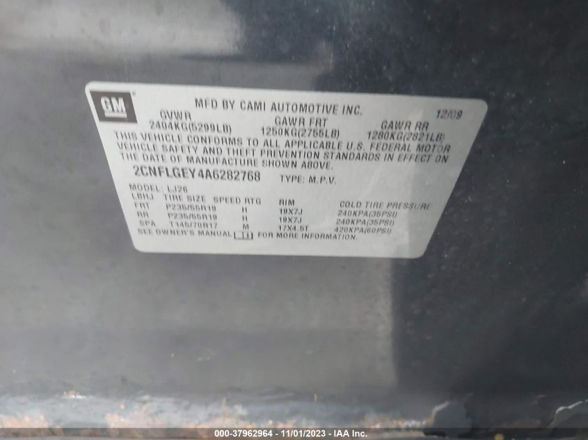 2010 Chevrolet Equinox Ltz VIN: 2CNFLGEY4A6282768 Lot: 37962964