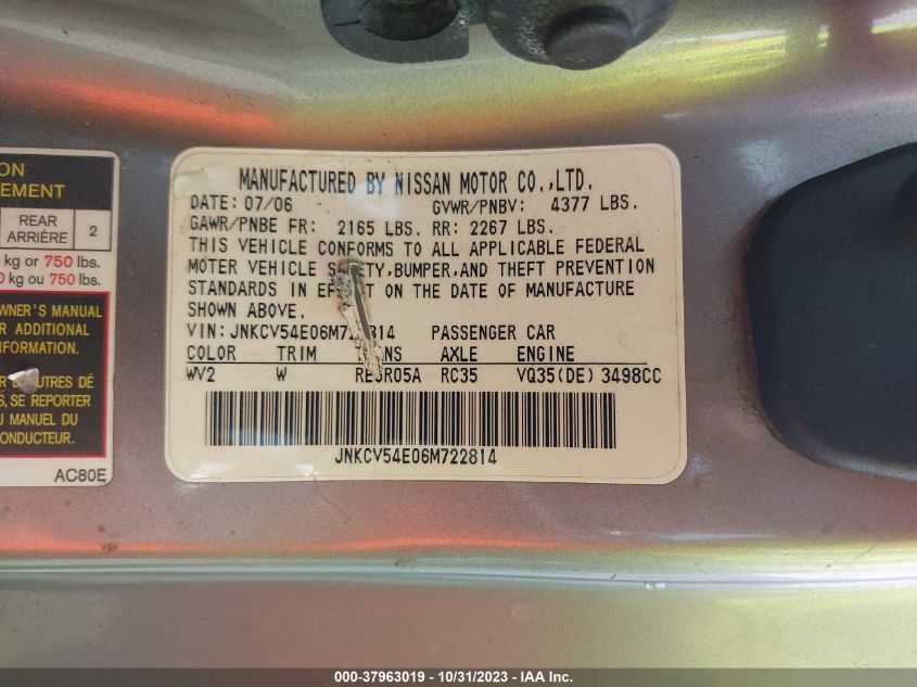 2006 Infiniti G35 Coupe VIN: JNKCV54E06M722814 Lot: 37963019