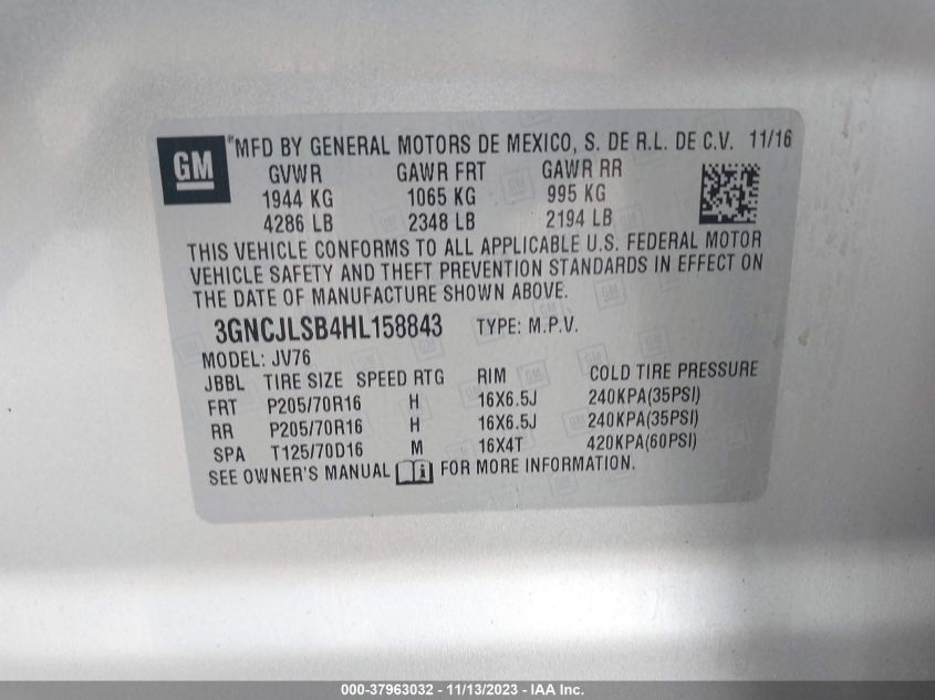 2017 Chevrolet Trax Lt VIN: 3GNCJLSB4HL158843 Lot: 37963032