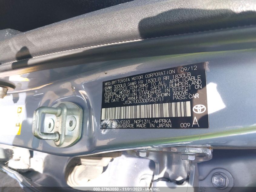 2013 Toyota Yaris L/Le/Se VIN: JTDKTUD33DD543711 Lot: 37963050