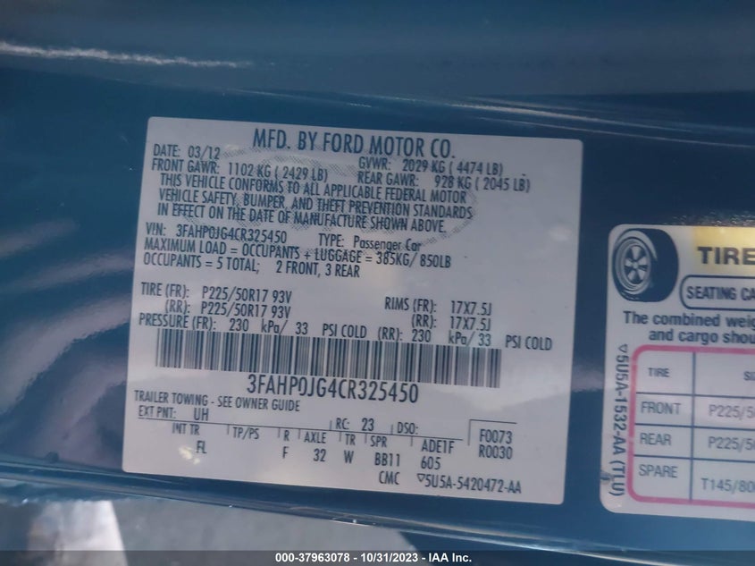 2012 Ford Fusion Sel VIN: 3FAHP0JG4CR325450 Lot: 37963078