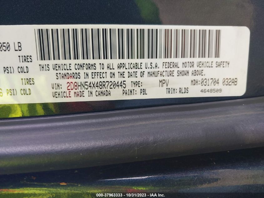 2008 Dodge Grand Caravan Sxt VIN: 2D8HN54X48R720445 Lot: 37963333